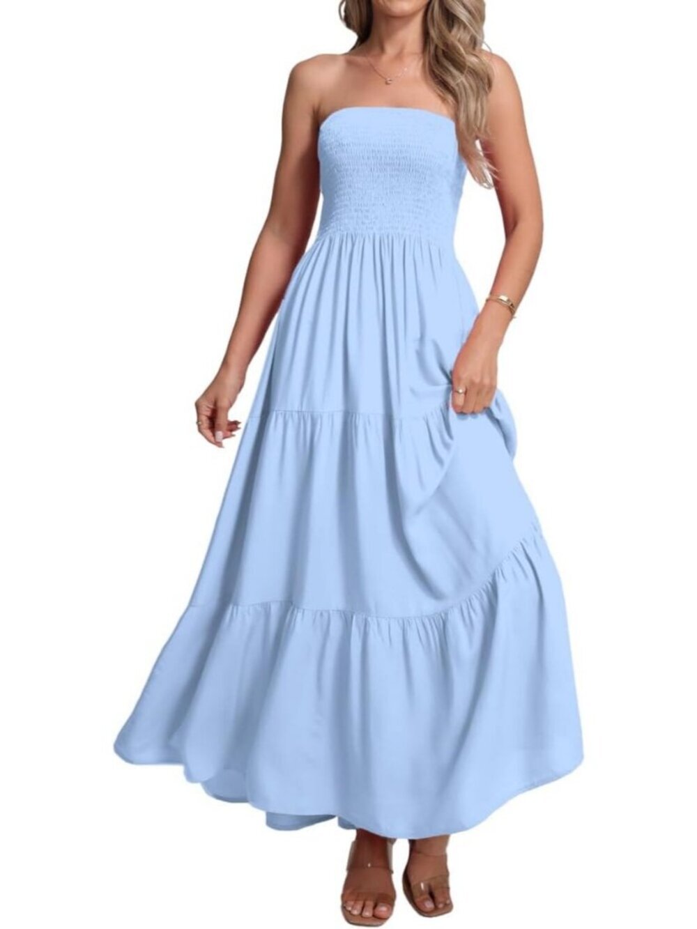 Women's Light Blue Sky Casual Off Shoulder Strapless Tube Top Beach Maxi Dress